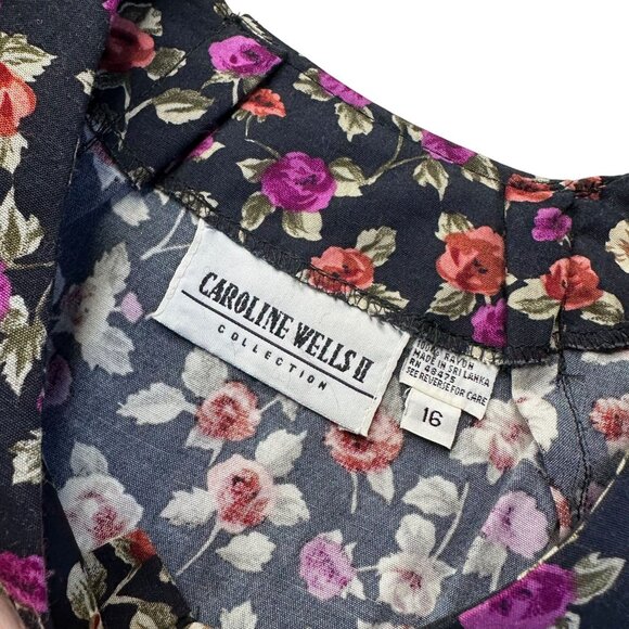 Vintage 90s Floral Rayon Dress Black Button Front Midi Sz 16 - Picture 7 of 10